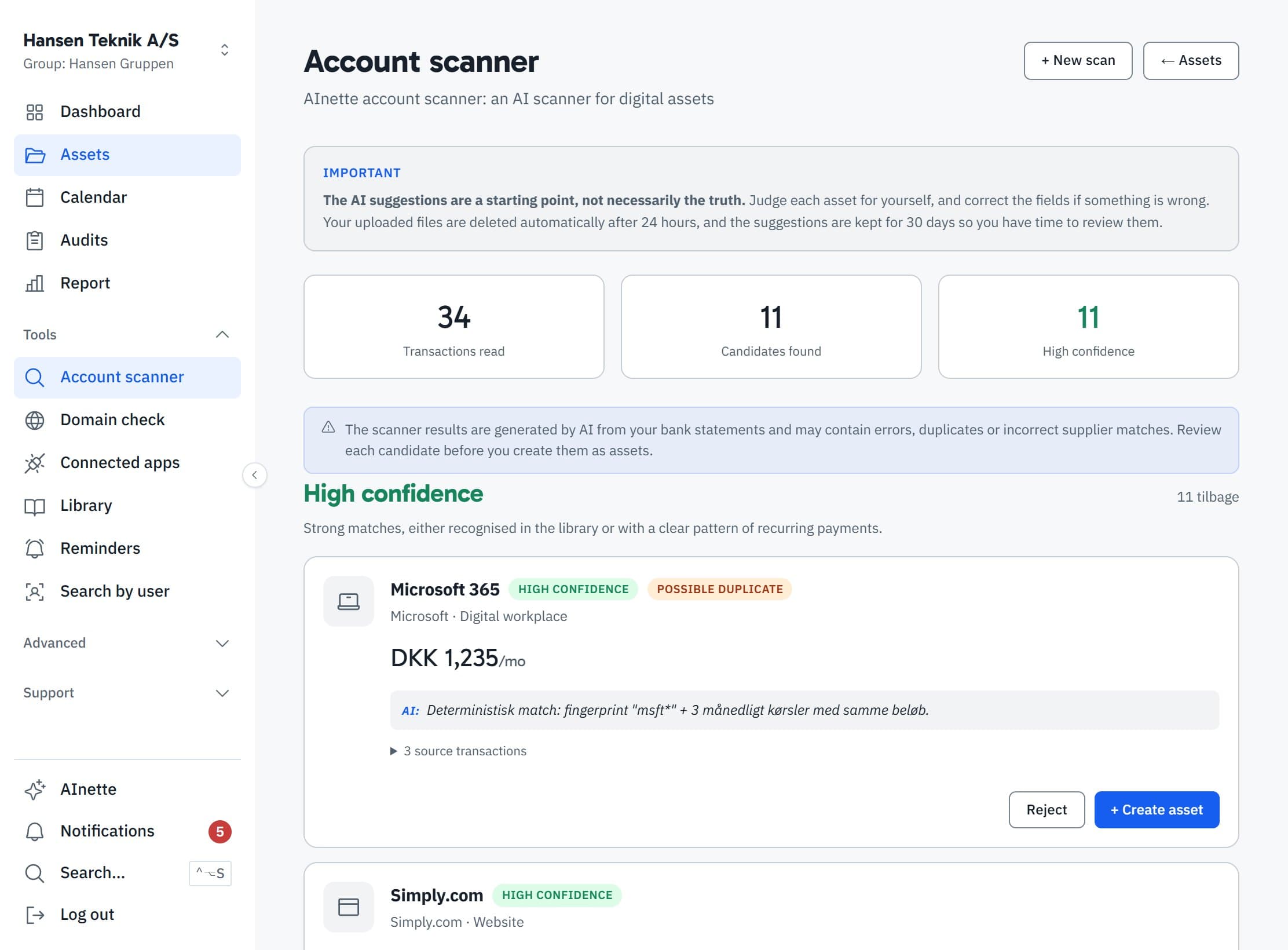 Ejerblik’s account scanner: subscriptions found on the bank statement, including those without a contract